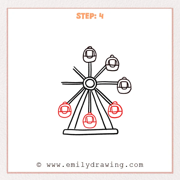 how to draw a ferris wheel - Step 4 of an easy ferris wheel drawing adds three more cabins along the lower spokes, matching the earlier cabin shapes with windows and seats.